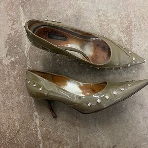 Dolce & Gabbana Olive Patent Studded Pointed Toe Pumps kitten heels